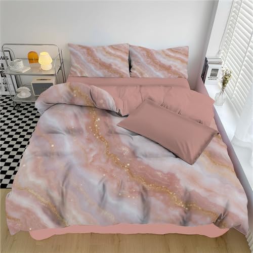 SMBHIAON Bettwäsche 200×200Cm 3-Teilig Bettdeckenbezug - Bettwäsche Set Luxuriöse Marmorstruktur Golden Crackle Mit 2 Kissenbezügen 80X80 cm, Mikrofaser Bettbezug Set Mit Reißverschluss, Rosa
