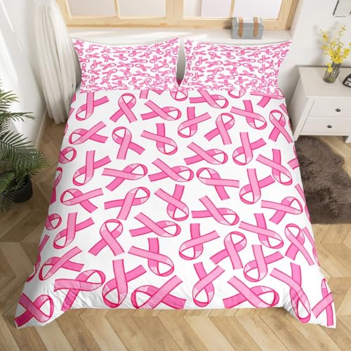 Homemissing Breast Cancer Awareness Party Supplies Bettwäsche Set 155x220cm Ribbon Bettwäsche-Set mit Reißverschluss Breast Cancer Survivor Gifts für Frauen Bettbezug Get Well Soon Weiß and Pink