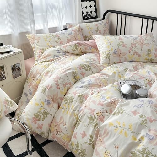 GETIYA Elegant Blumen Bettwäsche 135x200 Baumwolle Bettwäsche Mädchen Damen Bunt Blumen Bettbezug Einzelbett Blümchen Bettwäsche Pflanzenmuster mit 1 Reißverschluss Kissenbezug 80x80