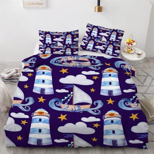 RFFLUX 3D Leuchtturm Bettwäsche 155x220 cm 2teilig Microfaser Wendebettwäsche Maritime Bettbezüge Sommer Weich und Angenehme Bettbezug Set mit Kissenbezug 50x75 cm?Stil 118-9?