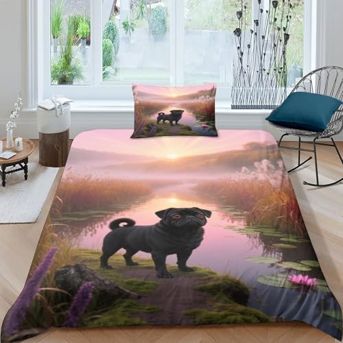 EMYXPAQM Mops Bettbezug-Set Weiche Mikrofaser Bettwäsche Mit 3D Mops Schilf-Design Mit Reißverschluss & Kopfkissenbezug Für Kinder, Jungen Teenager Single?135x200cm?