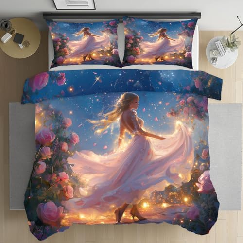 Fantasy-Prinzessin Bettwäsche 200x200 Blumen Rosen Bettwäsche Set, Weich Microfaser Kuschelige Bettwäsche, Fantasie-Sternenhimmel Wendebettwäsche Bettbezug und Kissenbezug 80x80cm mit Reißverschluss