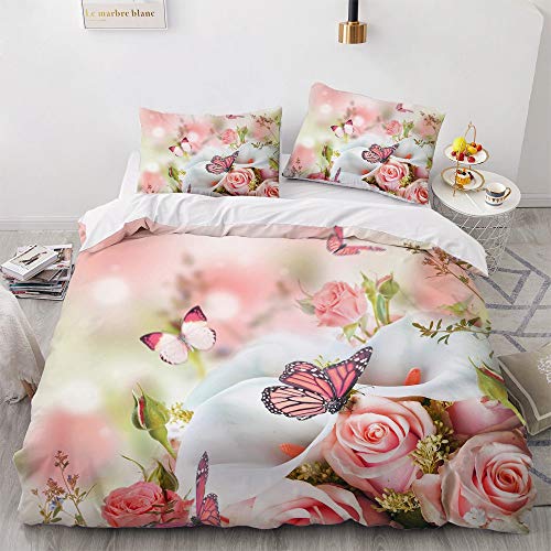 Luowei Bettwäsche 135x200cm Rosa Rose&Schmetterling Blüten Bettbezug Set 2 Teilig Weiche Microfaser Vintage Floral Blumen Bettbezug mit Reißverschluss und 1 Kissenbezug 80x80cm