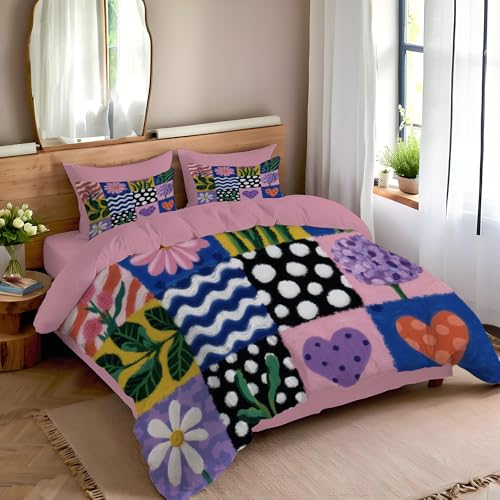 JEDTAKCT Bettwäsche 135X200Cm Punkte Streifen Blumen, Weiche Bügelfreie Mikrofaser Bettwäsche-Sets Lustiges Patchwork Mit Reißverschluss, Enthält Bettbezug Und 2 Kissenbezug 80X80, Rougepuder