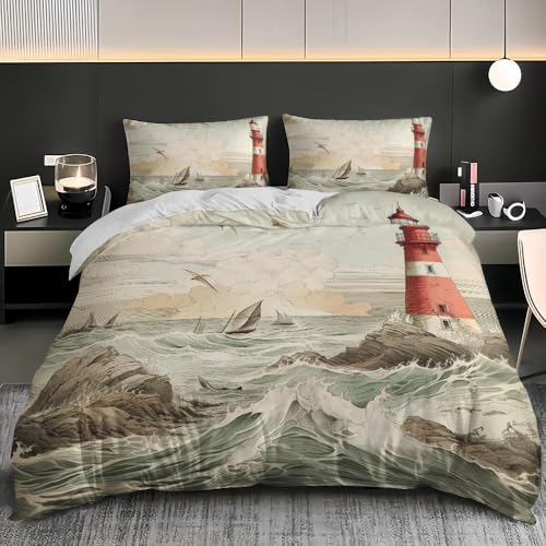 Bettbezug 135x220 cmVintage Meer Leuchtturm Bettwäsche Set Mikrofaser Weiche Bequem Und Atmungsak Hypoallergen mit Reißverschluss Hell Bettwäsche-Sets Für Erwachsene Kinder