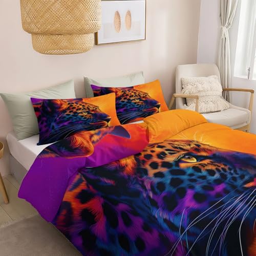 Fantasy Kunst Bettwäsche 180 x 200 cm für Kinder Jungen Teenager, Tier Neon Leopard Bettbezug für Einzelbett - Bedruckte Bettbezüge Set mit Reißverschluss und 80 x 80 cm Kissenbezug