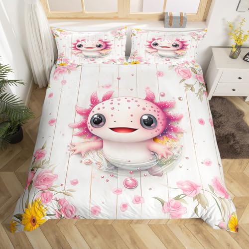 Homewish Cartoon Axolotl Bettwäsche Ästhetische Pflanzen Rose Sonnenblume Bettbezug Set 155x220cm für Kinder Jungen Mädchen Jugendliche,Kawaii Salamander Bettwäscheset Blumen Holzbrett Dekor Bettset