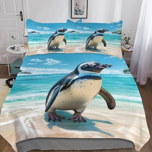 Niedlicher Pinguin 3 Teilig Bettwäsche-Sets 155x200 Meer Bettwäsche 3D Drucken Weiche Komfortabel Microfaser Bettbezug mit Reißverschluss mit 2 Kissenbezüge 80x80 1130-C