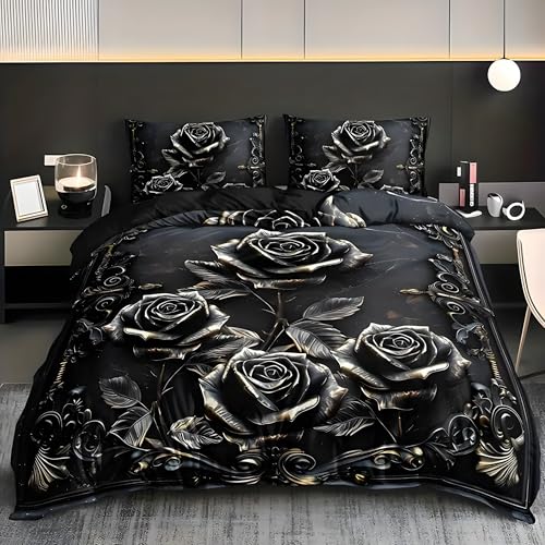 Bettwäsche 200x200 Blumenarrangements Bettwäsche-Sets Schwarze Rose Bettbezug Weiche Atmungsaktiv Mikrofaser mit Reißverschluss und 2 Kissenbezüge 80x80 für Erwachsene Geeignet