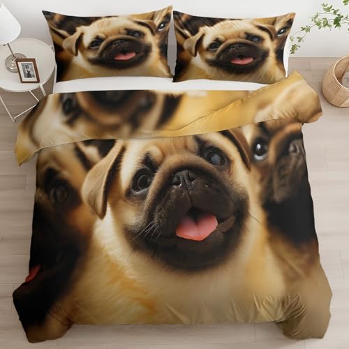 CozyRest Bettwäsche Set Einzelbett Wende Atmungsaktive Bettbezug Set, Hund Mops Muster, Flauschige Bettbezug mit Reißverschluss und 40x60cm Kissenbezug