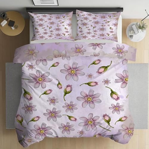 PNHCL Kinder Bettwäsche Set 135 x 200 cm, Blumen Violett Bettbezug Set 3 Teilig, Wende Natürliche Ästhetik Muster Bettwäsche mit Reißverschluss und 2 Kissenbezüge 80x80 cm H-32