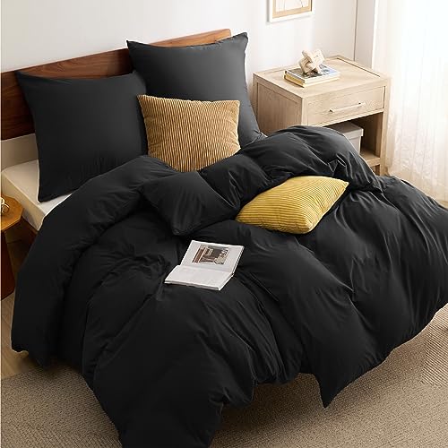 BEDSURE Bettwäsche 135x200 4teilig Schwarz - 2 Bettbezüge 135x200 cm + 2 Kissenbezüge 80X80 cm, ÖKO-TEX Bettwäsche-Sets Schwarz Polyester Mikrofaser mit Reißverschluss