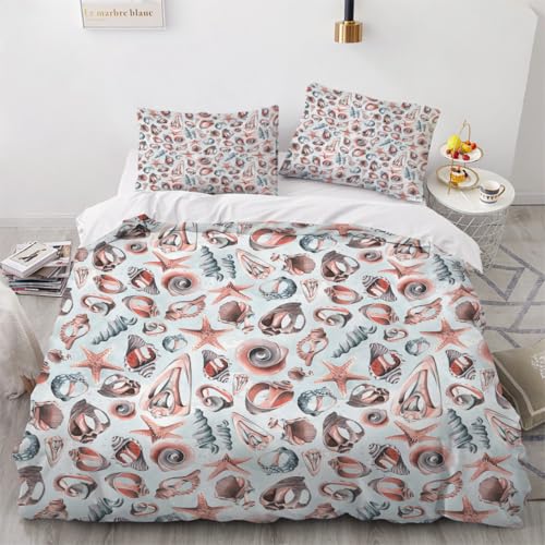Generisch 3D Maritime Bettwäsche 155x220 cm 3teilig Seestern Muschel Bettbezug mit Reißverschluss 100% Mikrofaser Leicht Atmungsaktive Bettwaren Set mit 2 Kissenbezüge 50x75?Muster 114-13?