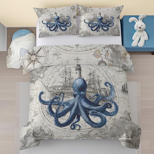 Generisch Nautische Bettwäsche 135x200, Octopus Leuchtturm Muster Bettwäsche-Sets 2 Teilige, Segelboot Retro Karte Weiche Mikrofaser Bettbezug mit Reißverschluss & 1 Kissenbezug 80 x 80 7sDl175
