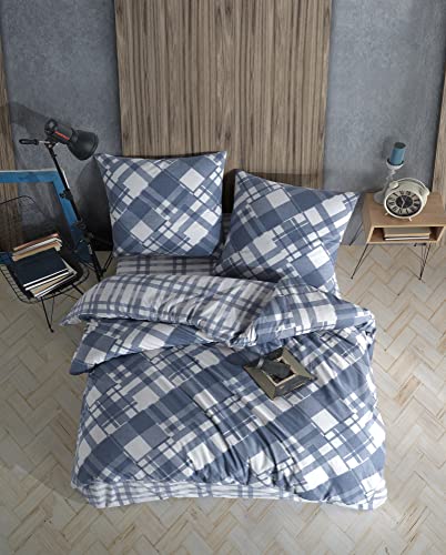 ZIRVEHOME Bettwäsche-Set 200x200 cm, 3-teilig, Blau, 100% Baumwolle/Renforcé mit Reißverschluss, atmungsaktiver Wende-Bettbezug, kariert, inkl. Kissenbezug 80x80 cm. Vega V1