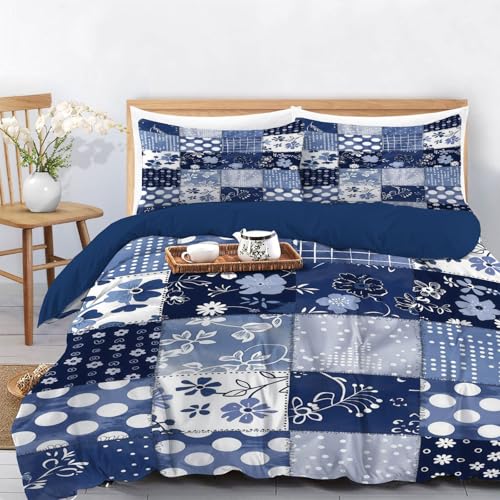 Bettwäsche 155x220 cm 3teilig Set, Blumen Punkte Quadrate Bettwäsche-Set Warme und Weiche Mikrofaser Vintage Handgefertigte Patchworkarbeit Blau Bettbezug mit Reißverschluss und 2 Kissenbezug 80x80 cm