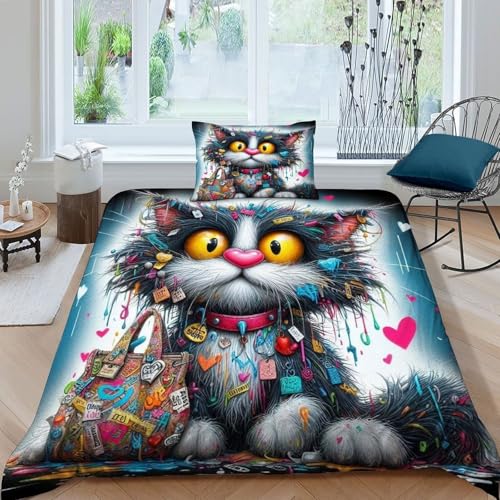 HOGDISAJD Autotoon Katze Bettwäsche Weiche Feder Süße Tiere 3D Gedruckt Bettdeckenbezug Und 1 Kissenbezug Luxus Bettbezug Set 2Pcs Für Kinder Jugendliche Single?135x200cm?