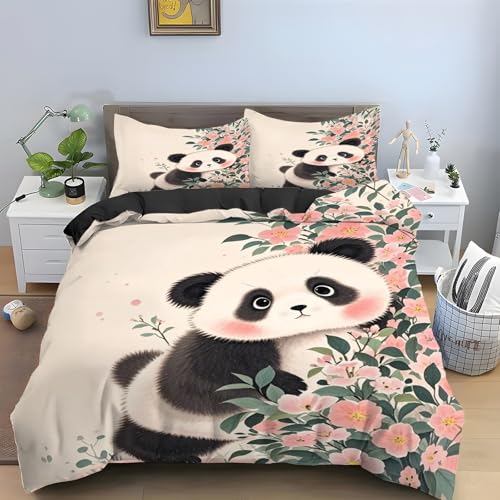 LLSZAHD Bettwäsche 135x200 Panda Bettwäsche Set 3 Teilig BlüMchen Muster Bettbezug für Kinder, Microfaser Flauschig Weich Bettbezüge und 2 Kissenbezug 80x80 cm, mit Reißverschluss
