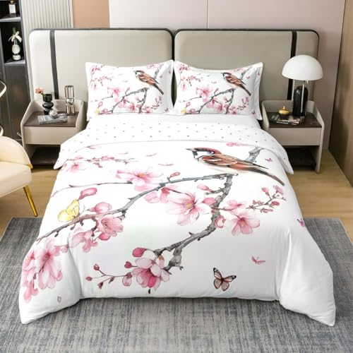 Homemissing Mädchen Pink Baumwolle Bettwäsche Set 155x220cm Kolibri Tropische Vögel Bettwäsche-Set Wendemotiv Bunts Blumen Rosa Bettbezug Weich Betten mit 1 Kissenbezug