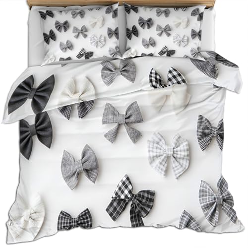 Bow Bettwäsche Sets für Mädchen In Schwarz und Grau 140 X 210 cm Bettgarnitur für Jungen Bettbezug mit Karierter Textur Weiße Bettdeckenbezüge Weiche Mikrofaser Eleganter Bettbezug und Kissenbezug