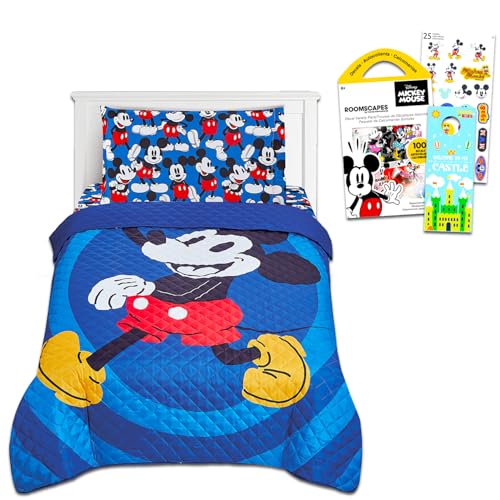 Mickey Mouse Bettwäsche-Set für Kinder – Set mit Mickey-Tagesdecke, Bettlaken, Spannbetttuch, Kissenbezug für Doppelbett plus Aufklebern, mehr, Mickey Mouse Schlafzimmerdekoration