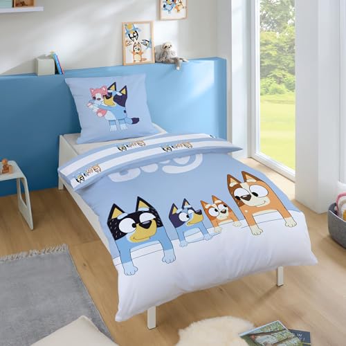 Bluey Bettwäsche Set 2-teilig 135x200 80x80 cm - Helle Kinderbettwäsche aus 100% Baumwolle mit Reißverschluss - Wendemotiv mit Streifen Bluey Bingo Bandit und Chilli - Maschinenwäsche, Öko-Tex