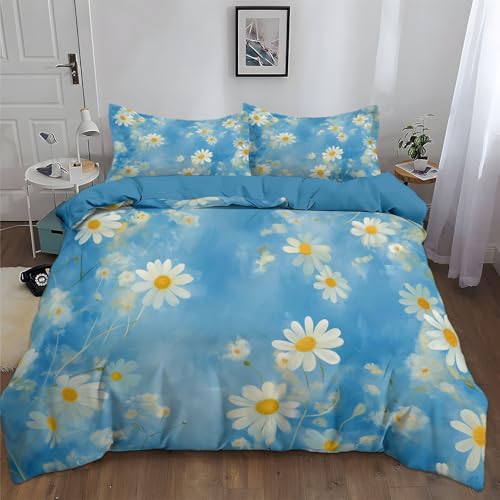 Srigzcaly Verträumte Gänseblümchen Blumenmotiv Bettwäsche 155x220 cm Set 3 Teilig, Hellblau ÖKO-TEX Wendebettwäsche Weich Mikrofaser Bettbezug und 2 Kissenbezüge 80x80cm mit Reißverschluss