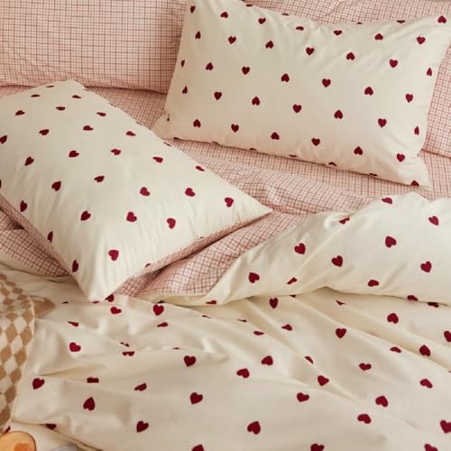 Lanqinglv Bettwäsche 200x220 cm Rot Weiß Herzen Kariert Wende Bettwäsche für Allergiker,Aesthetic Bettwäsche Set ÖKO-TEX Bettbezug mit Reißverschluss und 2 Kissenbezug 80x80 cm