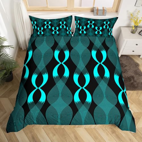 Homewish Schwarz und Türkis Bettwäsche Aquarellgradient Gestreift bettbezug Set 135x200cm,Dekorative Abstrakte Classin-Linien Bettwäscheset Grauweißes Band Bett Set Schlafzimmer dekor Mikrofaser