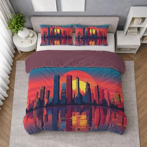 Generisch Bettwäsche 200 x 200 cm Weinrot Superweiche Mikrofaser Bügelfrei Wende Bettbezüge mit Reißverschluss Modern Design Atmungsaktiv & kuschelig Bettwäsche-Set Stadt Sonnenuntergang Kühn