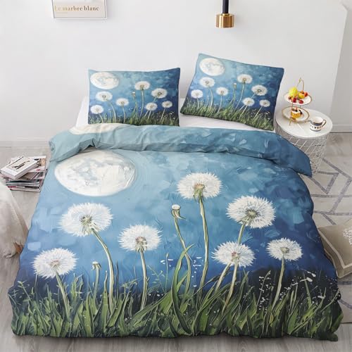 Traulpex Löwenzahn Bettwäsche 200x220 cm, Pusteblume Blumen Bettwäsche-Set 3 teilig, Vollmond Bettbezug Microfaser Bettbezug mit Reißverschluss und 2 Kissenbezug 80x80, Weich Bügelfrei