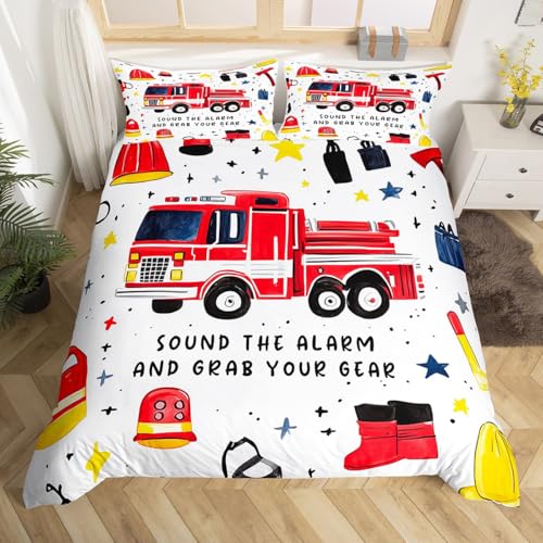 Homemissing Feuerwehr Bettwäsche Set 135x200cm Kinder Feuerwehr Auto Fahrzeug Betten für Kinder Jungen Mädchen Autohelm Bettbezug Feuerwehr Bettwäsche-Set Feuerwehr Betten