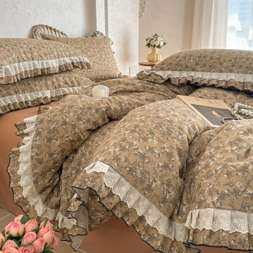 GETIYA Elegant Karamell Blumen Bettwäsche 135x200 Baumwolle Doppelgarn Bettbezug mit Rüschen Damen Mädchen Baumwollgarn Bettwäsche Set Blümchen Muster Deckenbezug mit 1 Kissenbezug 80x80