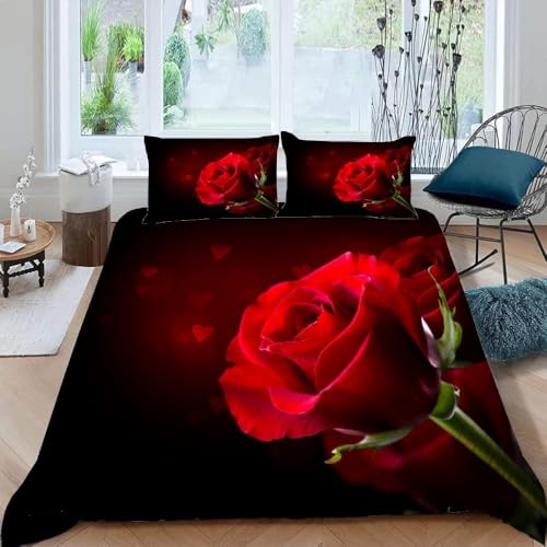 Bettwäsche Set Rote Rosen Weiche Mikrofaser Bettwäsche 200x200 3D-Druck Bettbezug Schöne Blumen 3 Teiliger Bettbezüge mit Reißverschluss und 2 Kissenbezüge 80x80 cm B.4600