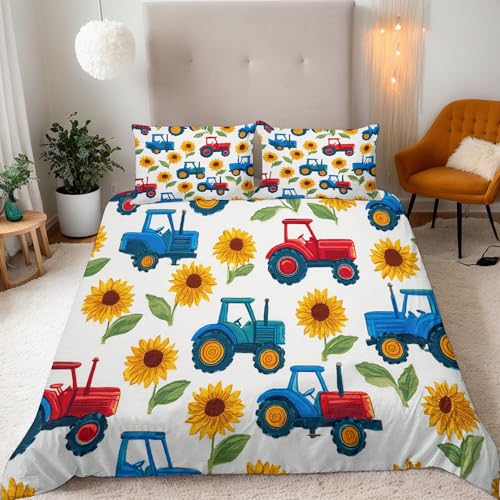DILANI Bettwäsche 135x200 Kinder Cartoon Traktor 3D Bettwäsche-Set 3 Teilig Kawaii Auto Weiche Microfaser Bettbezug mit Reißverschluss und Kissenbezug 80x80cm für Mädchen Jungen Kinder