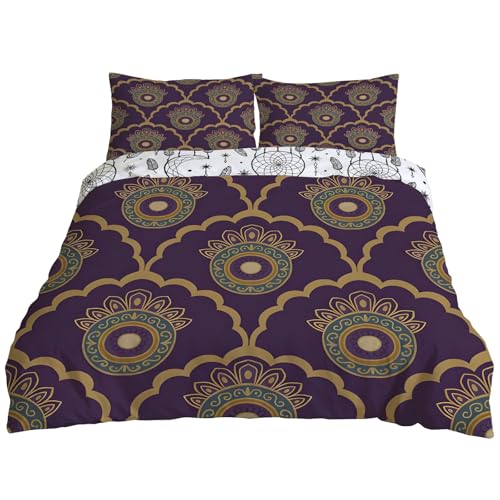 YZQGLHP Bettwäsche 155x220, Retro Geometrie Wendebettwäsche, Violett Gold Motiv Bettbezug mit Reißverschluss, Weiche Mikrofaser Bettwäsche Sets 3 Teilig mit 2 Kissenbezug 80x80