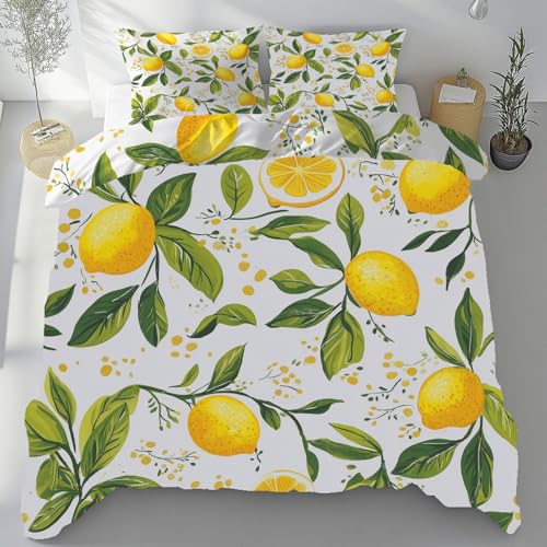 Tyafsgvqo Zitrone Bügelfrei Bettwäsche 135x200 cm, Landhaus Tropisch Obst Bettbezug 3 Teilig, Frücht Pflanzen Blätter Bettwäsche Set Kühlend Atmungsaktiv, Wendebettwäsche mit 2 Kissenbezug 80x80 cm