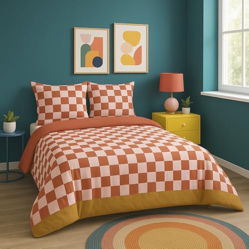 CÔTE DECO Bettwäsche-Set, 3-teilig, 100 % Baumwolle, Bettbezug 240 x 220 cm und 2 Kopfkissenbezüge 65 x 65 cm, rot und rosa kariert