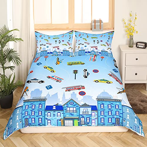 Sunnybed Bauwagen-Bettbezug Für Kinder, Jungen, Cartoon-Fahrzeuge, Bettbezug, Feuerwehrauto, Bettwäsche-Set, Cartoon, Lustig, Taxi, Polizeiauto, Bettbezug, Schlafzimmerdekoration, Blau, 135 x 200