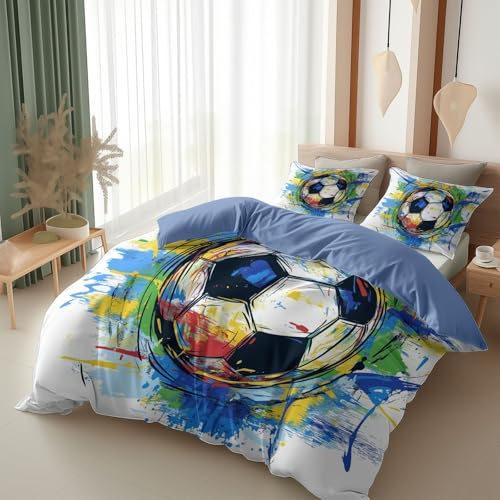 Bettwäsche Hellblau 155 x 220 cm Fußball im Doodle-Stil Bettbezug, 3teilig Flauschige Wende Winterbettwäsche Set mit Kissenbezug 80x80 cm - Atmungsaktiv, Warm & Hautfreundlich Deckenbezug
