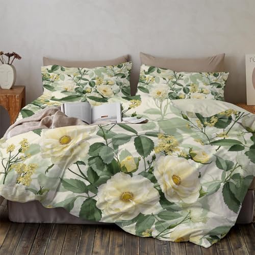 SMBHIAON Bettwäsche 200×200Cm 3 Pieces Bettdeckenbezug Ländlicher Stil - Bettbezug Set Weiße Rosen Gelbe Wildblumen Mit 2 Kissenbezügen 80X80 cm Mit Reißverschluss, Bügelfrei Und Weich