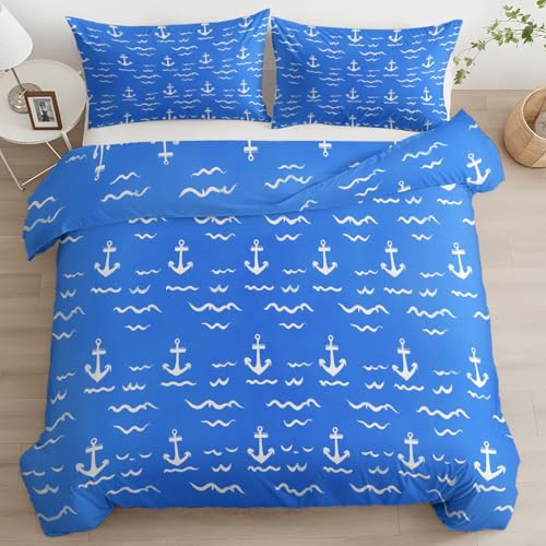 Generisch Bettbezug Set Navigation Wellen Anker 135 X 200 cm Für Kinder Jungen Teenager, Mikrofaser Bettwäsche Blau Moderne Bedruckte Bettbezug Einzelbett Bettwäsche Set Mit Kissenbezug