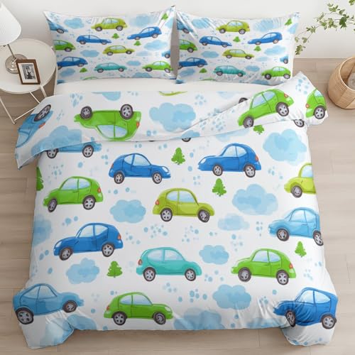 Srigzcaly Weiß Bettwäsche 240 x 220 cm 3teilig, Minimalistisch Cartoon Wolke Kleines Auto WendeBettwäsche-Sets mit Reißverschluss - Schlafzimmer Deko- Weiche Bügelfreie Bettbezug mit 2 Kissenbezüge