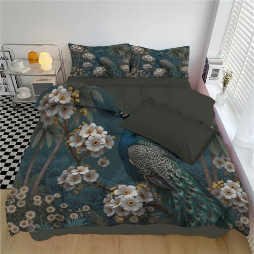 DACRWEKZ Bettwäsche Elegante Tiere 2teilig Bettbezug - Bettwäsche-Sets 135×200 cm mit 1 Kissenbezüge 80x80cm, Blaugrün Pfauenpalme Muster mit Reißverschluss