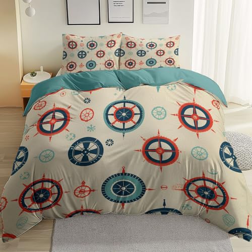 Bettbezüge Set, Nautisches Thema Anker Rad Muster Bedruckt Bettbezug Mit Reißverschluss Seeblau Weiche Mikrofaser Bettwäsche Set 180 x 200 cm, 3 Stück Set Weich Pflegeleicht Bettbezüge