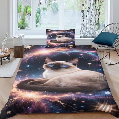 CHUIYUFULAN Siamois-Katze Bettbezug Set Bettwäsche Kinderbettwäsche-Set Reißverschluss Mit Kissenbezügen, Betten Set Für Jugendliche Kinder Schlafzimmer Single?135x200cm?