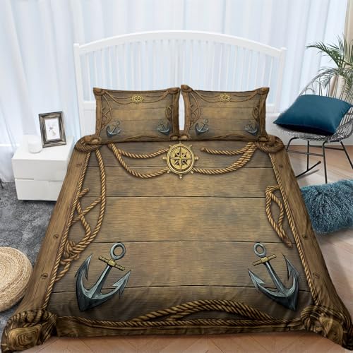 Bettbezug Vintage Holz Piraten Druck Bedruckte Für Kinder Jungen Mädchen Raumdekor Braun Weiche Bequemer 135 x 200 cm Bettbezug Mit 2 Kissenbezügen (80 x 80 cm) Mit Reißverschluss Bettwäsche Set