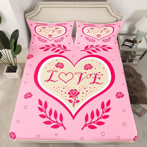 feelingyou Viel Glück zum Valentinstag Einbaublech M Größe Liebeslied Pink Herzenförmig Bettdeckung 2pcs Romantische Rosenblüten Punkte Bettwäsche Set für Kinder