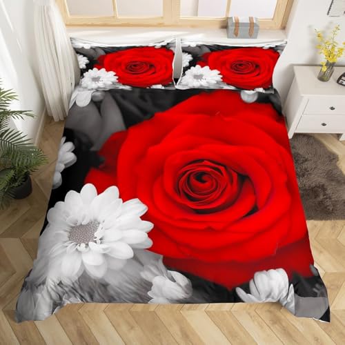 Rote Rose Bettwäsche 155x220 Blumen Bettwäsche Set, 3D Bettbezug Set Weich Microfaser Bettbezüge 3 Teilig Romantisches Muster Wendebettwäsche für Doppelbett, mit 2 Kissenbezüge 4412e