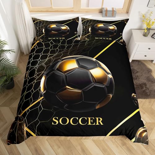 Homemissing Soccer Bettwäsche Set 200x200cm Football Bettwäsche-Set mit Reißverschluss Soccer Ball Game Bettbezug Schwarz and Gold mit 2 Kissenbezüge